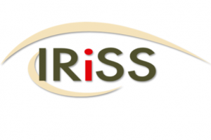 IRiSS Text Logo for Sanford in Green and Red Text with Cream Line Strokes Above and Beneath Text